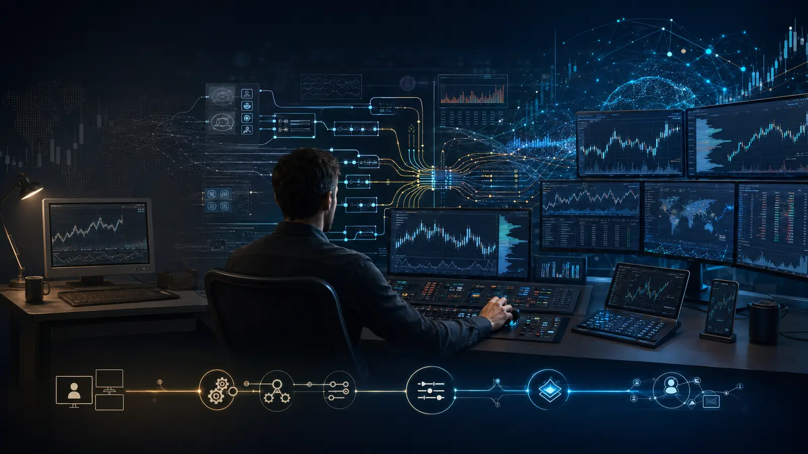 The evolution of hybrid algorithmic trading systems, from early desktop automation to modern human, machine and AI-assisted futures trading.
